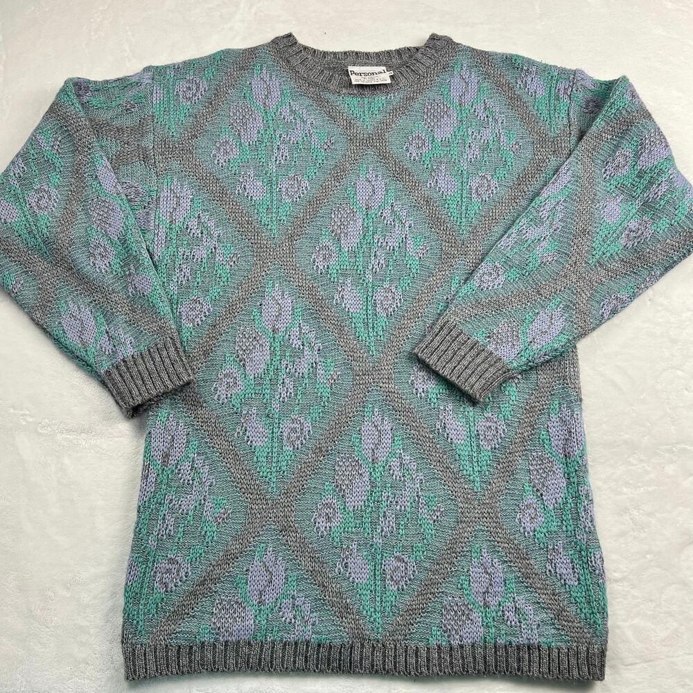 Personal Vintage 1980's Long Sweater Purple Tulips Gray Geomatic Size Small